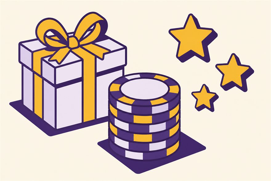 Illustration of a gift box beside a stack of casino chips and three stars