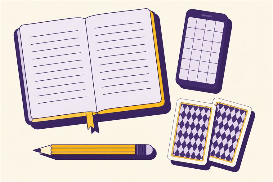 Illustration of a desk with an open notebook, a phone showing a grid layout, playing cards and a pencil