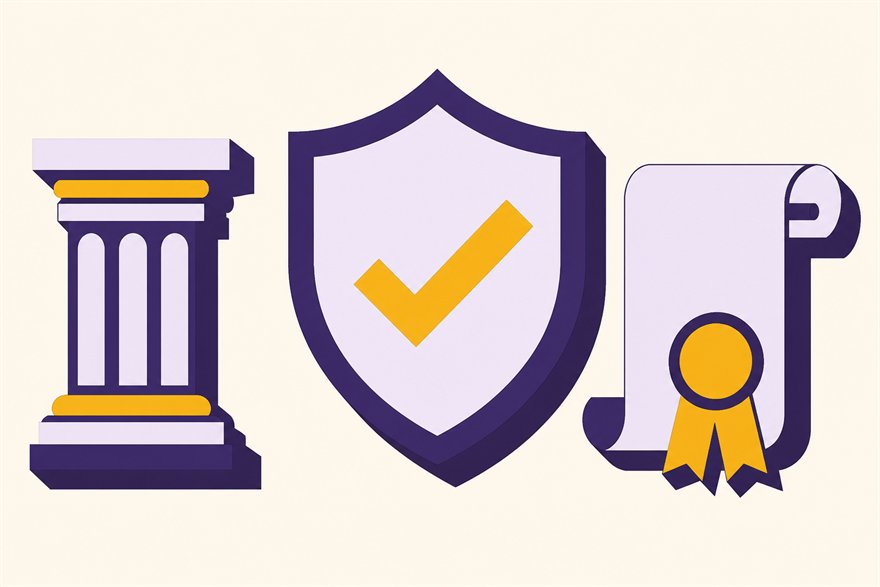 Illustration of a shield with a tick between a pillar and a certificate with a seal