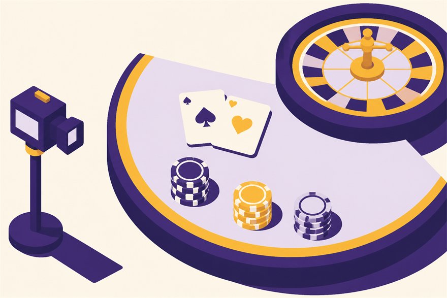 Illustration of a live-dealer table with chip stacks, playing cards, a roulette wheel and a studio camera
