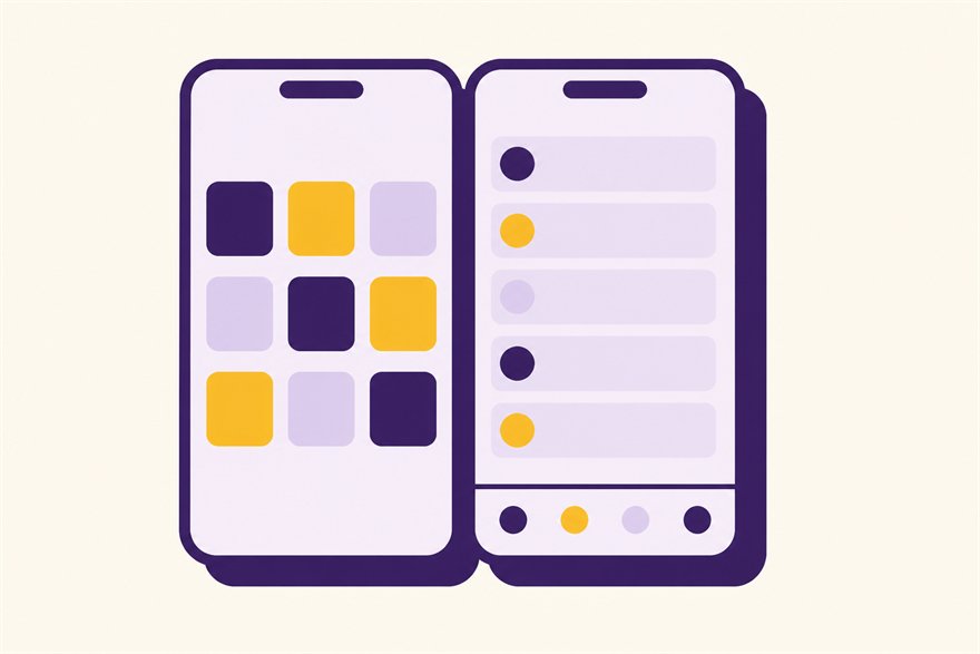 Illustration of two smartphones showing a game grid and a list-style lobby