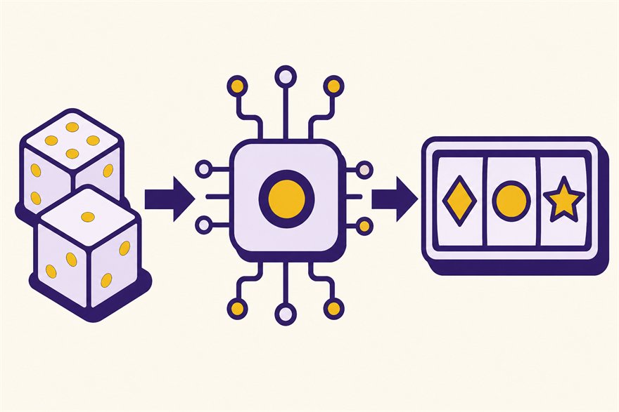 Illustration of dice feeding a processor chip which feeds a slot reel showing three symbols