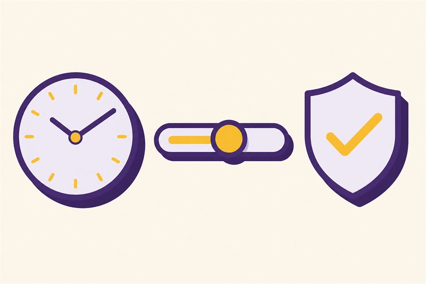 Illustration of a clock, a slider control and a shield with a tick