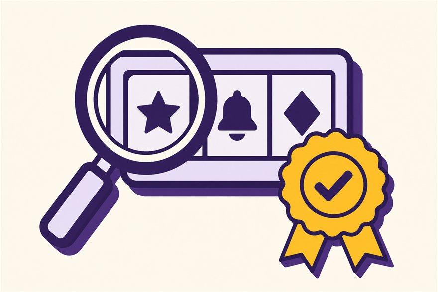 Illustration of a magnifying glass over a slot reel next to a certification rosette