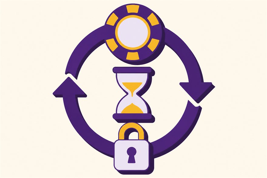 Illustration of a circular arrow loop containing a casino chip, an hourglass and a padlock
